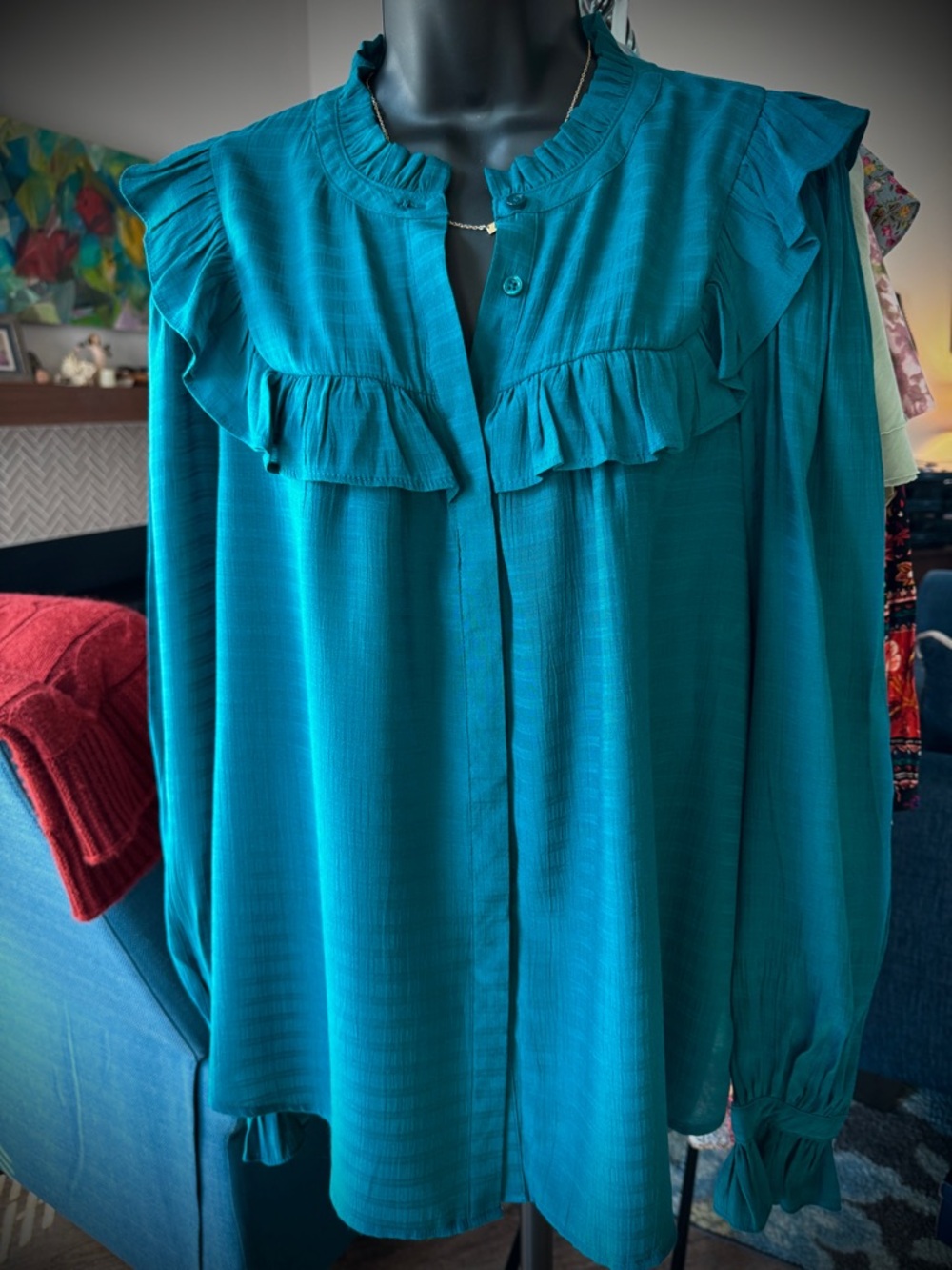 Wonderly Teal Ruffle Long-Sleeve Blouse - Size Large